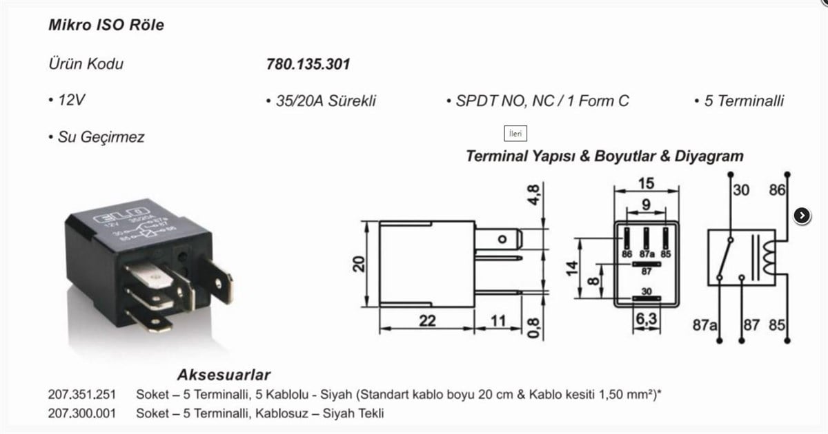Mikro Röle 12v 5fiş 35a 20a Çift Platin Changeover Su Geçirmez | Elo 780135301