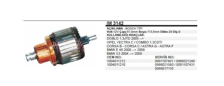 Marş Kollektörü 12v Fıat Doblo 1.3 Opel Astra Corsa Combo Ym Bmw Toyota Corolla Audi 1.8 52x113.5x9 Im3142 | Pars Im3142
