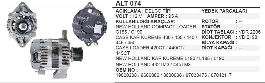 Alternatör 12v 95ah Cummins Vibromax Volvo Penta Amerikan Marik New Holland Ls185.b Lastikli Mini Yükleyici Volvo Penta | Remark Alt074
