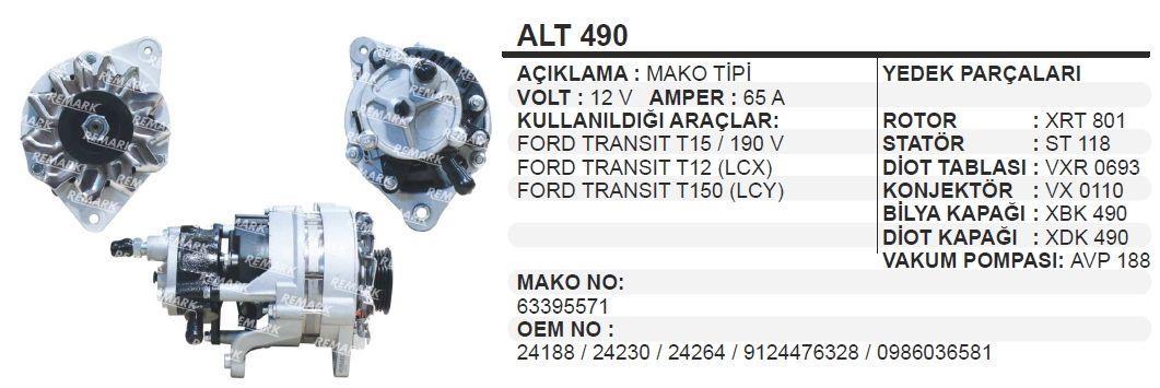 Alternatör 12v 65ah Vakumlu Makotip Ford Transit T12 190v T15 T150 Transit 63395571 Alt490 | Remark Alt490