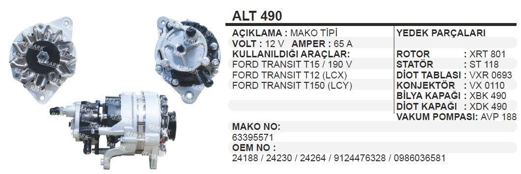 Alternatör 12v 65ah Vakumlu Makotip Ford Transit T12 190v T15 T150 Transit 63395571 Alt490 | Remark Alt490