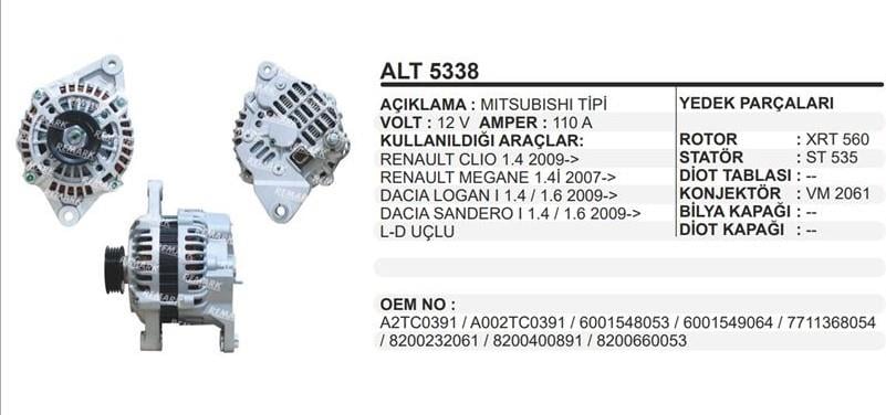 Alternatör 12v 110ah Dacıa Logan Sandero Clıo Kango | Remark Alt5338