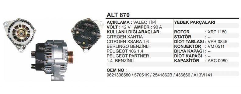 Alternatör 12v 90ah Peugeot Cıtroen Xsara Peugeot 106 1.4 Partner Berlingo 1.4 Benzinli | Remark Alt870