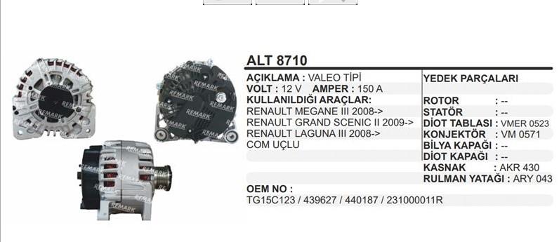 Alternatör 12v 150ah Valeo Tip Megane 3 08- Laguna 3 08- Grand Scenic 2 09- | Remark Alt8710