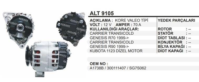 Alternatör 12v 70ah Kubota Carrıer 11- | Remark Alt9105