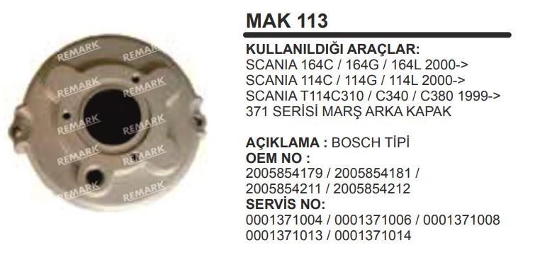 Marş Arka Kapak Bosch 371 Scanıa 94 114 164 | Remark Mak113