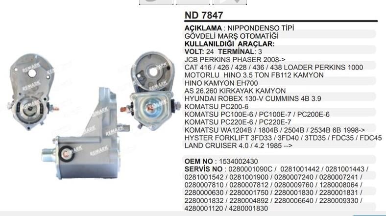 Marş Otomatiği 24v Jcb Caterpiler Perkins Caterpillar Hino 3.5 Ton Hyundai Komatsu Pc200 | Remark Nd7847