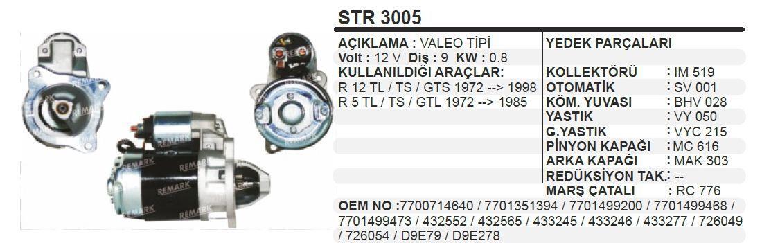 Marş Motoru 12v 9diş R12 Toros Renault R12 Toros | Remark Str3005
