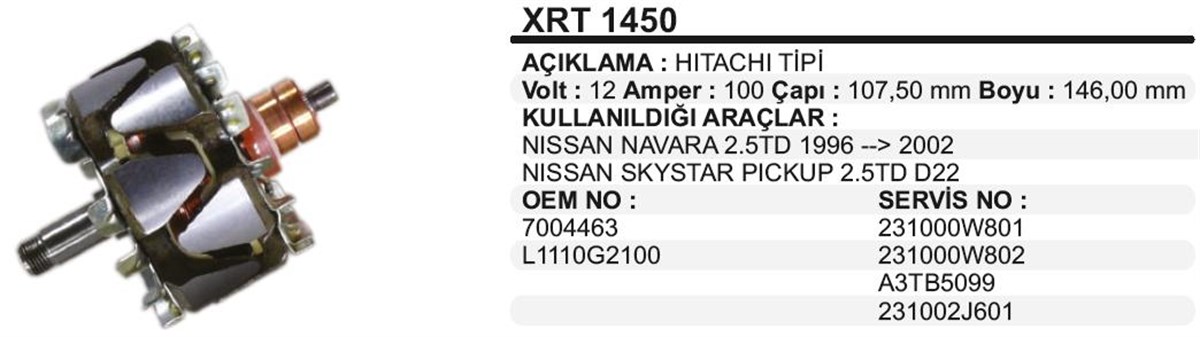 Rotor 12v 100a Nissan Skystar Navara Xrt1450 | Ith Xrt1450