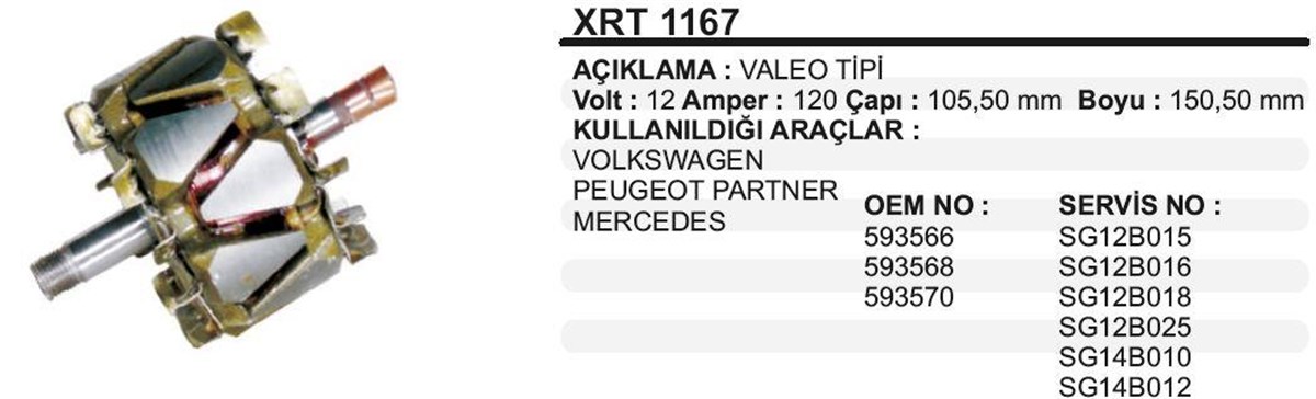 Rotor 12v 120ah-125ah Renault 1.5dci Clio Peugeot Vw Xrt1167 Ygt-vl23125c Wın-111-wrt873 | Martek Xrt1167