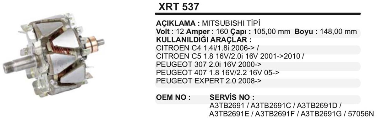 Rotor 12v 160ah Cıtroen C4 C5 Pejo 307 407 Tepe Partner Xrt537 | Ith Xrt537