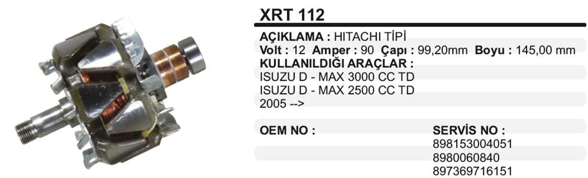 Rotor 12v 90ah Hıtachı Tip Isuzu Dmax 2005 | Ith Xrt112