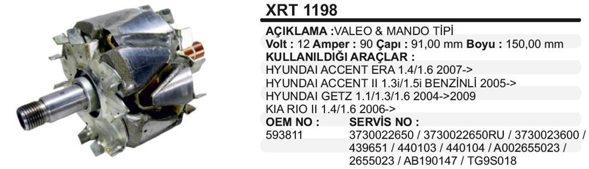 Rotor 12v 90ah Hyundai Accent Era Getz Fıat/opel/peugeot Multijet Xrt1198 | Ith Xrt1198