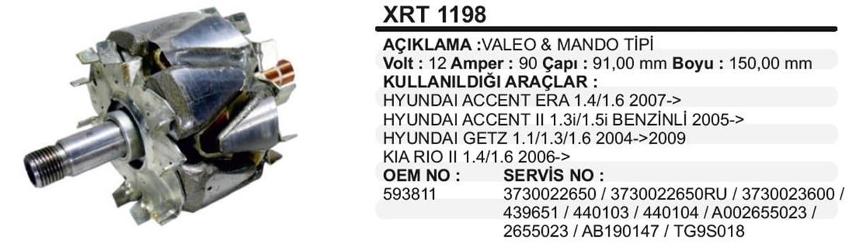 Rotor 12v 90ah Hyundai Accent Era Getz Fıat/opel/peugeot Multijet Xrt1198 | Ith Xrt1198