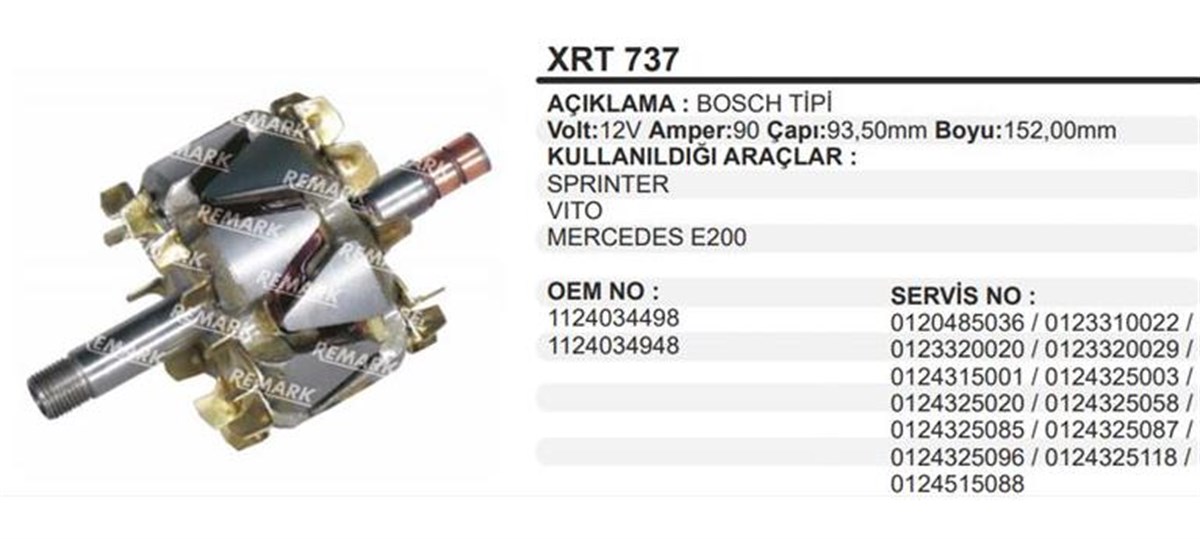 Rotor 12v 90ah Mercedes Sprinter Vito E200 93.5*153 Renault Kango Symbol 1.2 Vw Bora -xrt737 | Martek Xrt737