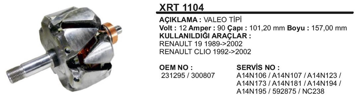 Rotor 12v 90ah R19 Clio Valeo Tip (renault R19 Clıo Rnı) (592875 231295 300807) | Ith Xrt1104