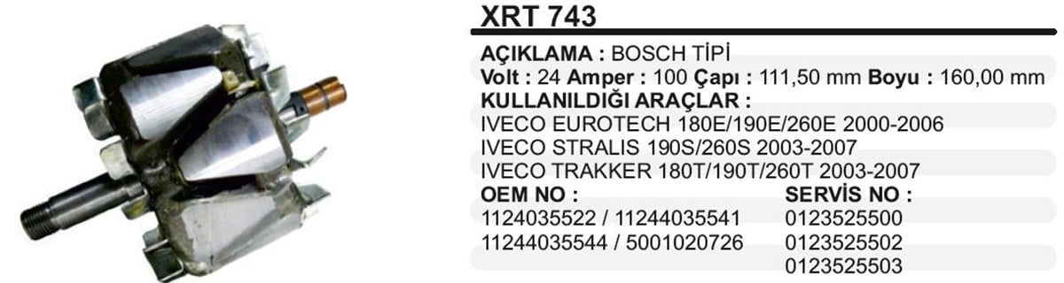 Rotor 24v 100ah Iveco Boschtip İveco Eurotech Stralis Trakker Xrt743 | Ith Xrt743