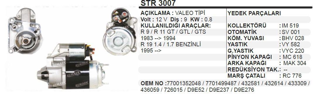 Marş Motoru 12v 9diş Renault R9 R11 R19 1.4 1.7 Benzinli 95- 432566 63291405 Str3007 | Schenna Str3007