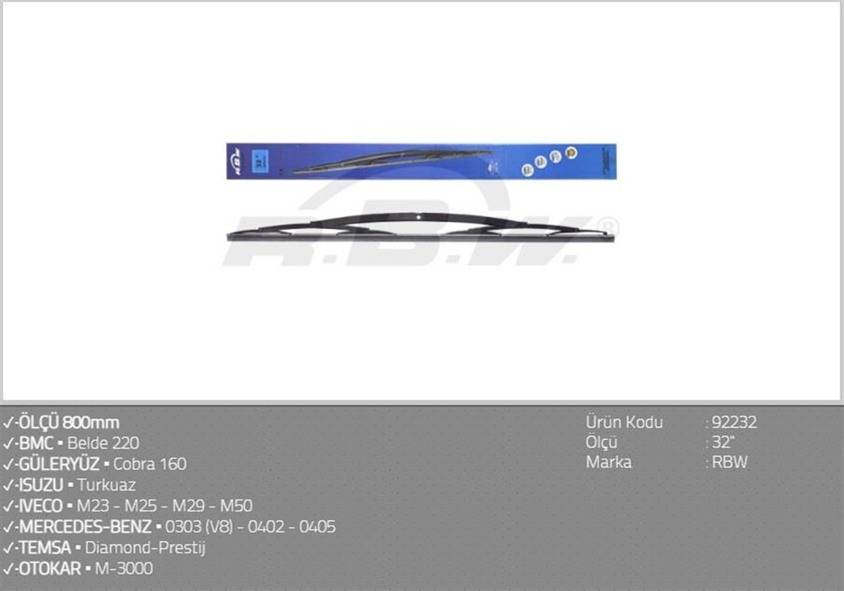 Silecek Süpürgesi 800mm Ağır Vasıta Metali Tip Silecek Bmc Belde Güleryüz Cobra | Rbw 92232