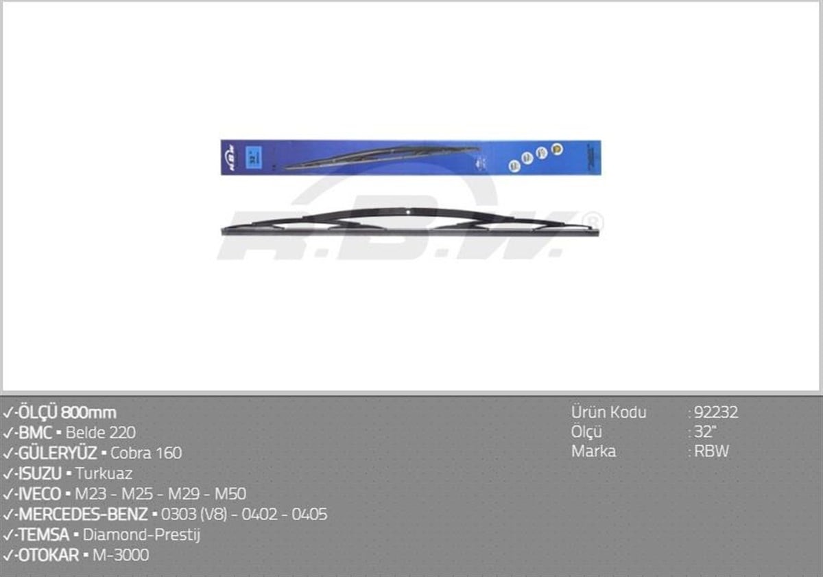 Silecek Süpürgesi 800mm Ağır Vasıta Metali Tip Silecek Bmc Belde Güleryüz Cobra | Rbw 92232