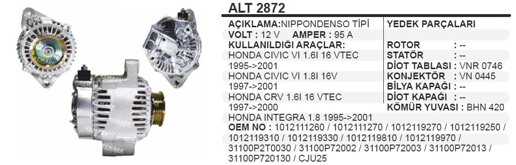 Alternatör 12v 95ah Honda Cıvıc Vı 1,6ı 16 Vtec 1012111260 | Sıway 20npd5618