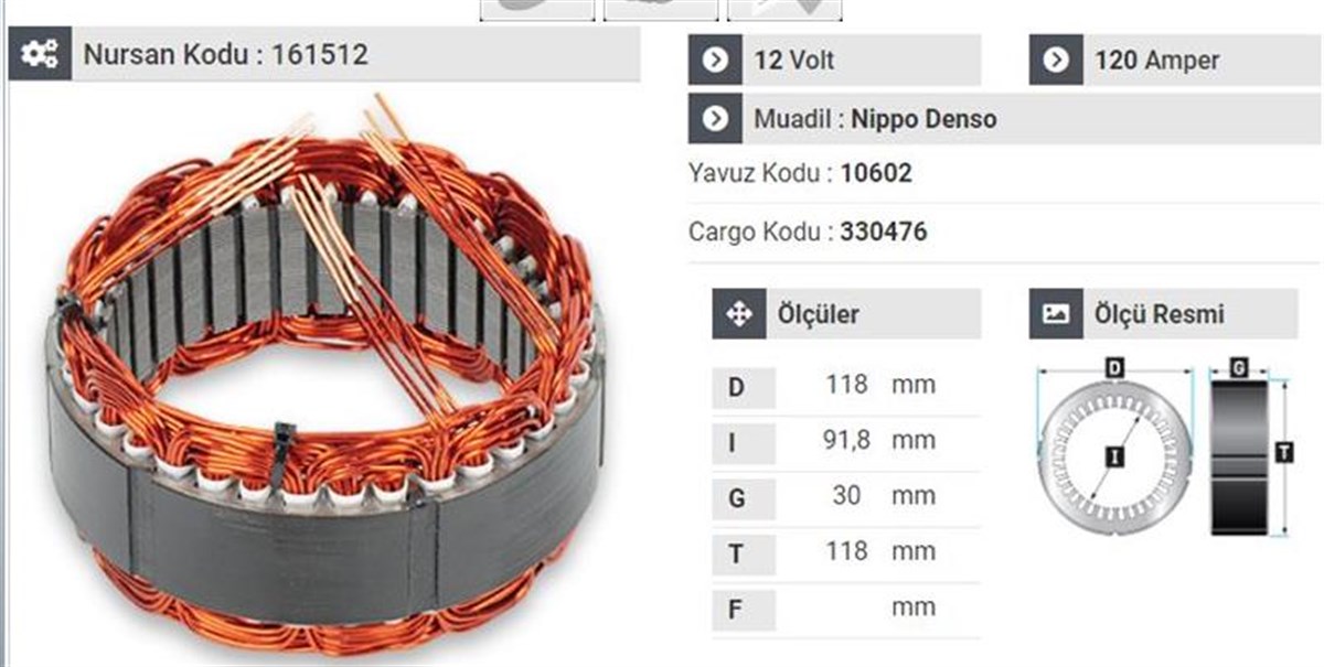 Statör 12v 120ah Denso Tip Opel Astra Corsa Fiorino Palio Albea 1.2 1.4 | Yavuz 10602