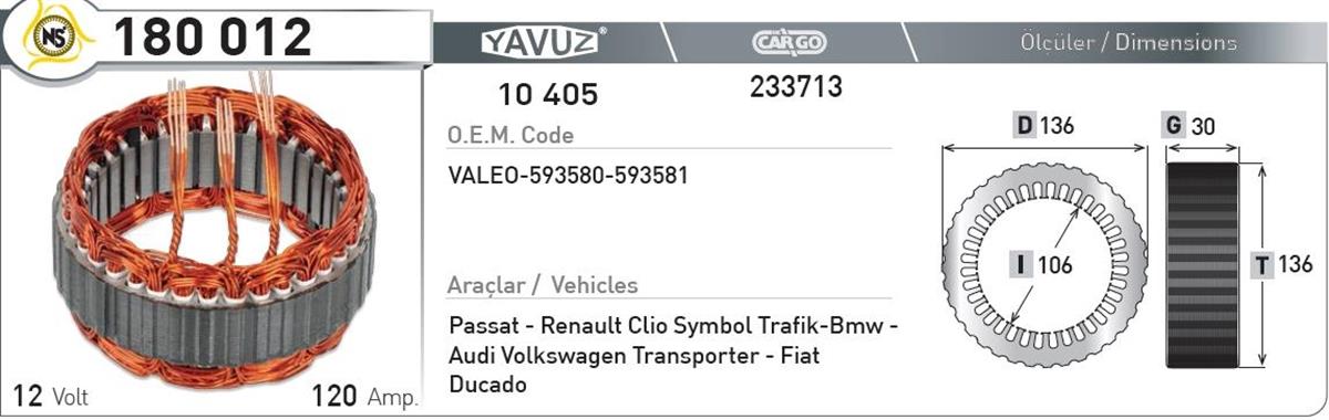 Statör 12v 120ah Valeo Clio Kango Symbol Trafık Bmw Audi Vw Transporter Fıat Ducato 180012 Remark- St315 Wınwın Wst873 Ya | Nursan 180012