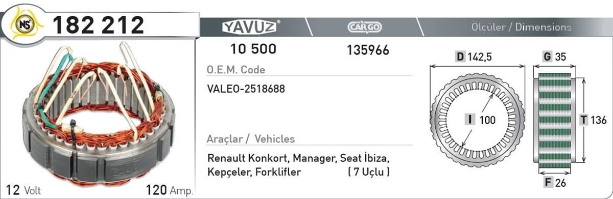 Statör 12v 120ah Valeo Sult 182212 | Nursan 182212