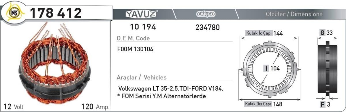 Statör 12v 120ah Vw Golf Lt35-ford-v184 | Nursan 178412