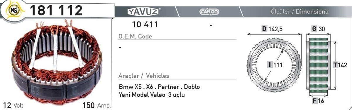 Statör 12v 150ah Valeo Ym 181112 | Nursan 181112
