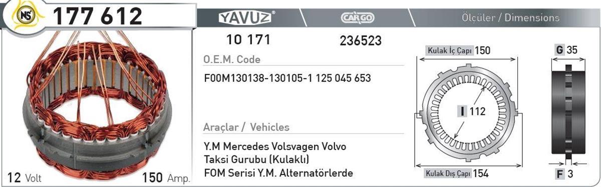 Statör 12v 150ah Vw Volvo Sprinter 10171-177612 | Yavuz 10171