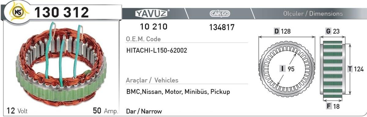 Statör 12v 50ah Japon Nissan F18*ı95*t124 130312 | Nursan 130312