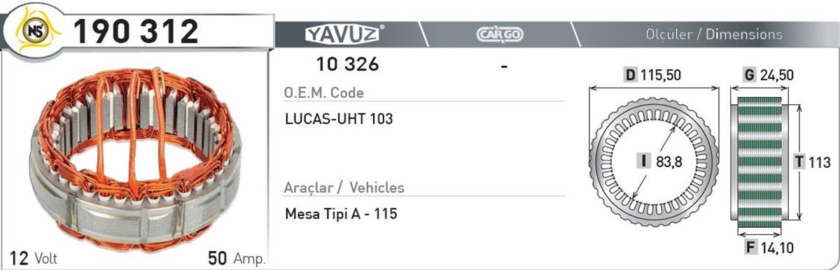 Statör 12v 50ah Lucas A-115 | Nursan 190312