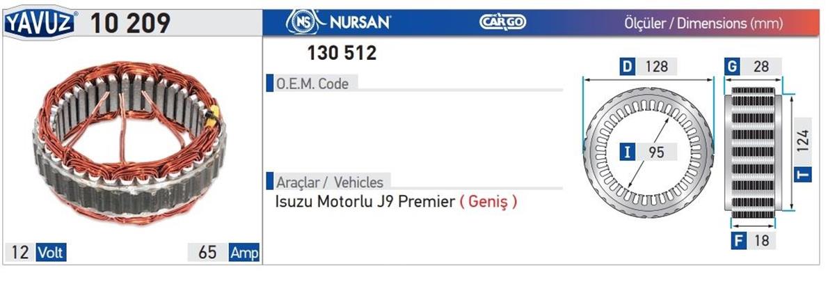 Statör 12v 65ah Isuzu J9 Premier/geniş 130512-10209 | Nursan 130512