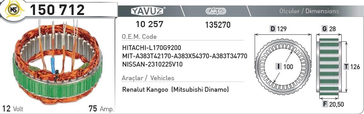 Statör 12v 75ah Japon Kango 150712 10257 | Nursan 150712