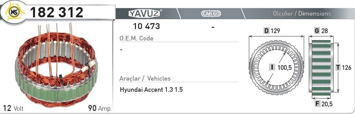 Statör 12v 90ah Hyundai Accent 1,3-1,5 Nur182312 | Nursan 182312