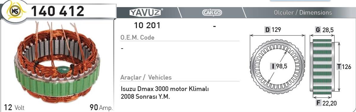 Statör 12v 90ah Isuzu Dmax Klimalı 2008 Nur140412 | Nursan 140412