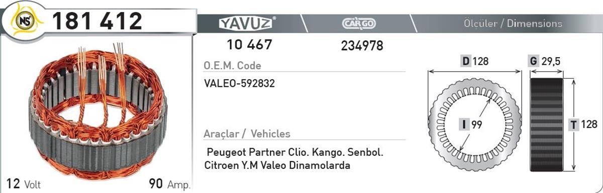 Statör 12v 90ah Partner Ym 3uç Valeo Tip | Nursan 181412