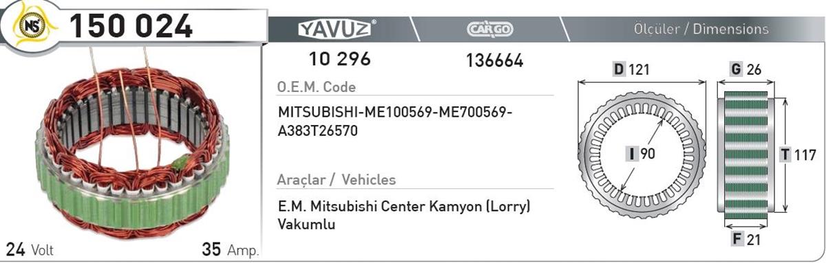 Statör 24v 35ah Em Canter Statör*f21*ı90*t117 | Nursan 150024