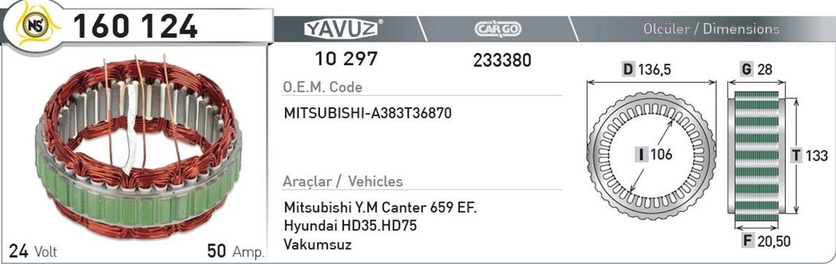 Statör 24v 50ah Canter 98 Vakumsuz 160124 | Nursan 160124