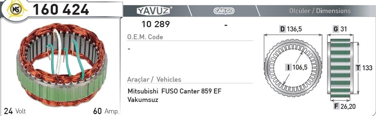 Statör 24v 60ah Mıtsubıshı Fuso Canter 859 | Nursan 160424