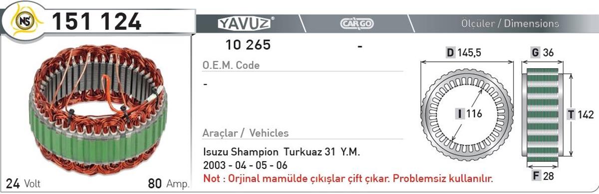 Statör 24v 80ah Isuzu Şamp. 151124-10265 | Nursan 151124