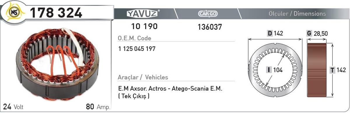 Statör 24v 80ah Merced Axsor Actros Scanıa Ym*g28*ı104*d142 178324 | Nursan 178324