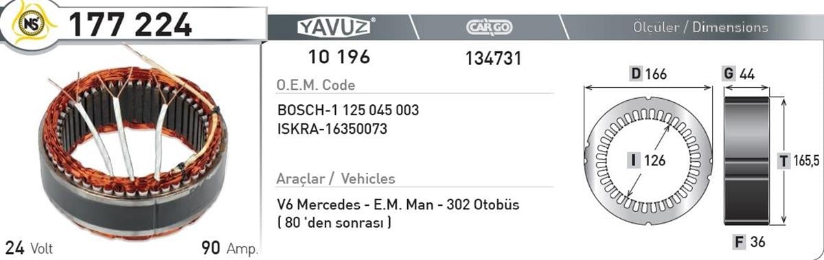 Statör 24v 90ah V6 Em*f36*ı126*t165,5*177224 | Nursan 177224