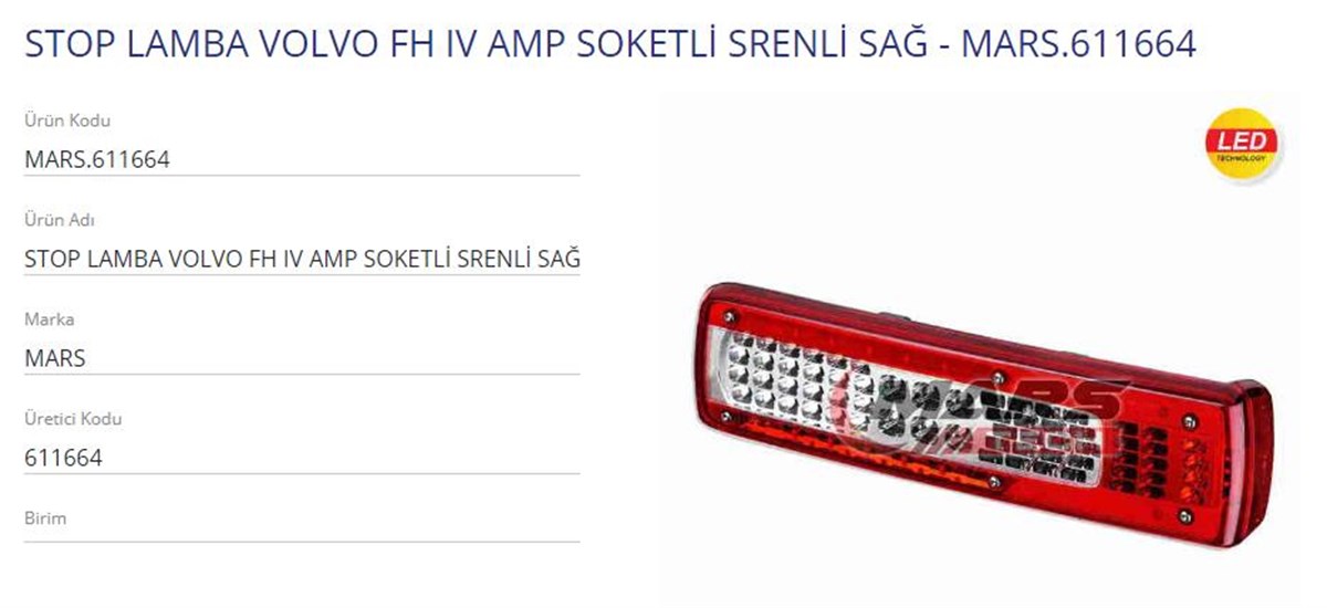 Stop Lambası Sağ Soketli Volvo Tır 7 Fişli Sirenli | Mars 611664