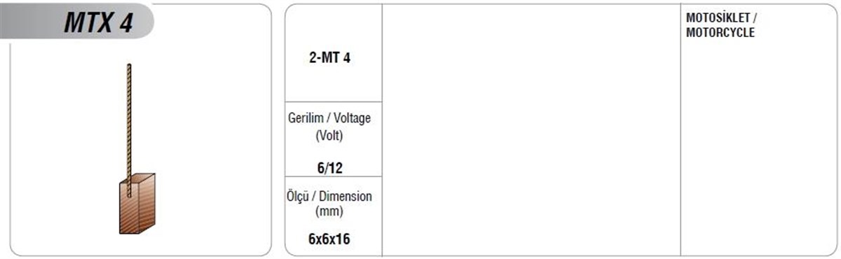 Takviye Motor Motorsiklet Kömürü Mtx4 6*6*16 (kutu İçeriği 2 Adet) | Mega Mtx4