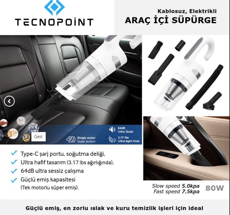 Şarjlı Süpürge Araç İçi Kablosuz Elektrikli 64db | Tecnopoınt Tc2523