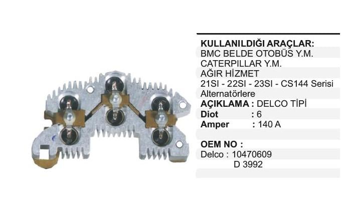 Diyot Tablası 24v 140ah Caterpiller Bmc Belde Otobüs Ym Delco Tip | Vertex Dr5177