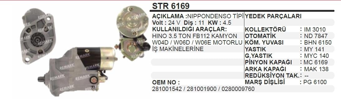 Marş Motoru 24v 11diş 4.5 Kw Hino 3.5 Ton Fb112 W 2 Kulak | Wınwın Str6169