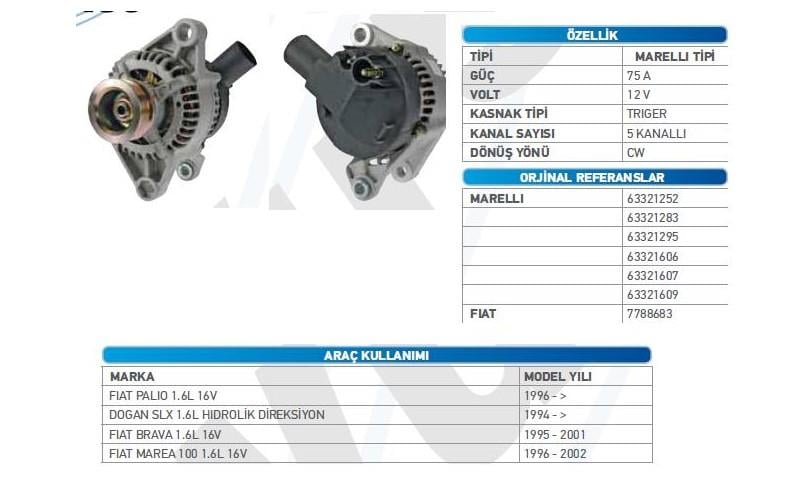 Alternatör 12v 85ah Doğal Slx Mako Palio Siena 1600cc ( Üst Ayak Delik Geniş 16mm ) Alt470 Alt21328n | Wutse Alt21328